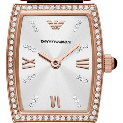 Emporio Armani Gianni T Bar Crystals Silver Dial Blue Leather Strap Watch For Women - AR11469